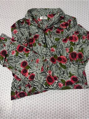 Emily Stacy Floral & Zebra Print Button-Up Top Green Red & Black Loungewear Set